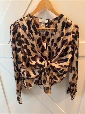 Hayden Leopard-Print Tie-Front Satin Blouse in Beige and Black